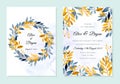 Wedding invitation card with blue yellow leaves watercolor Royalty Free Stock Photo