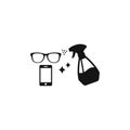 Phone and glasses cleaning or disinfecting black isolated vector icon.