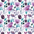 beautiful green purple floral watercolor seamless pattern
