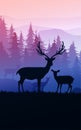 Herd of deer in the natural forest. Wild animals. Mountains horizon hills silhouettes of trees. Evening Sunrise and sunset.