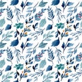 blue indigo leaves watercolor seamless pattern