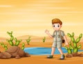 The scout boy hiking in desert field with maps Royalty Free Stock Photo