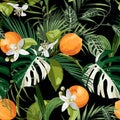 Citrus seamless pattern with orange fruit branch with flowers and exotic tropical leaves. Dark background design. Royalty Free Stock Photo