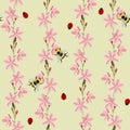 Seamless pattern with stylized bright summer wild garden flowers, ladybird and bee. Endless vertical texture. Royalty Free Stock Photo