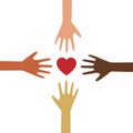 Human hand, palm with heart different races colorful vector illustration.