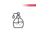 Soap or disinfectant gel bottle thin line vector icon