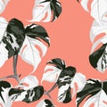 Topical palm leaves over orange, seamless pattern. Beautiful allover print with hand drawn exotic plants.