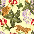 Seamless pattern with leopards animals, tropical leaves and paradise orchid flowers. Trendy style. Royalty Free Stock Photo