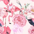 Garden pink flowers, tropical protea, jungle plants, pink flamingos, seamless floral pattern background.