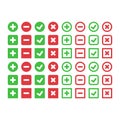 Tick, cross, plus and minus red and green isolated vector icon set. Royalty Free Stock Photo