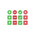 Tick, cross, plus and minus red and green isolated vector icon set. Royalty Free Stock Photo