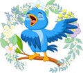 Cartoon blue bird singing on tree branch Royalty Free Stock Photo