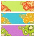 Set of fruit and vegetable banners with tomatoes, oranges and kiwi fruit. Royalty Free Stock Photo