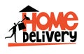 Home delivery typography with delivery man bringing food or groceries to man in a house