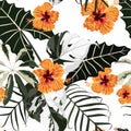 Tropical exotic orange flowers hibiscus, palm monstera leaves green floral summer seamless pattern illustration. Royalty Free Stock Photo