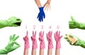 Multi colored cleaning gloves watercolor green pink blue pointing number