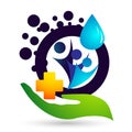 Globe Water drop medical logo concept of water care with world save earth wellness symbol icon nature drops elements design