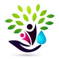 Hand holding human tree health water drop care wellness medical logo icon on white background