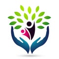 Hand holding human tree health care wellness medical logo icon on white background