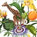 Exotic summer print. Seamless pattern with coconut palm tree, giraffe and passion flower, orchid, orange fruit