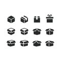 Cardboard, carton box, delivery package container black isolated vector icon.