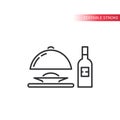 Meal with dish cover or tray server and a wine bottle thin line vector icon.