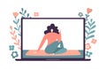 Vector illustration Online yoga. Woman practising yoga on the laptop screen.