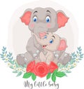 Cartoon Mother and baby elephant sitting with flowers background Royalty Free Stock Photo