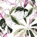 Tropical floral background with palm leaves, plants and pink exotic lilies flowers. Hand drawn botanical illustration