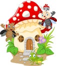 Cartoon funny insects with mushroom house