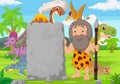 Cartoon caveman holding stone sign in the forest