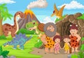 Group of cartoon cavemen and dinosaurs in the forest