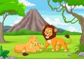 Cartoon lion family in the jungle