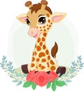 Cartoon baby giraffe sitting with flowers background