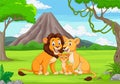 Cartoon family lion in the jungle Royalty Free Stock Photo