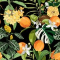 Citrus seamless pattern with orange fruit branch, flowers and exotic tropical leaves. Black background design. Royalty Free Stock Photo