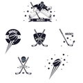 Hockey emblem. Hockey goalie, puck and stick. Vector illustration