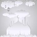 Mosque lantern paper style design and cloud illustration