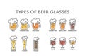 Beer glasses types colorful cartoon with editable stroke.