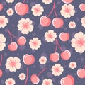 Cherries and flowers, seamless pattern. Floral repetitive background with pink elements for spring season Royalty Free Stock Photo