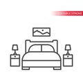 Bedroom furniture thin line vector icon set. Bed with pillows and night stand