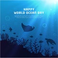 Happy World oceans day background with underwater ocean, shinny light coral, sea plants, stingray and turtle Royalty Free Stock Photo