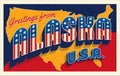 Greetings from Alaska USA. Retro style postcard with patriotic stars and stripes