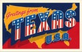 Greetings from Texas USA. Retro style postcard with patriotic stars and stripes lettering