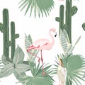 Tropical pink flamingo birds, cacti, palm leaves background. Seamless pattern. Jungle illustration. Exotic plants. Summer beach. Royalty Free Stock Photo