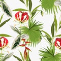 Original seamless tropical pattern with bright leaves and Gloriosa glory lily flowers background.