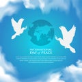 Happy International Day of Peace background with hands, pigeon, globe, blue sky and shinny light.