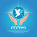 Celebration International Day of Peace background with hands, pigeon, world, blue sky and shinny light