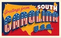 South Carolina USA. Retro style postcard with patriotic stars and stripes lettering Royalty Free Stock Photo