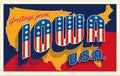 Iowa USA. Retro style postcard with patriotic stars and stripes lettering